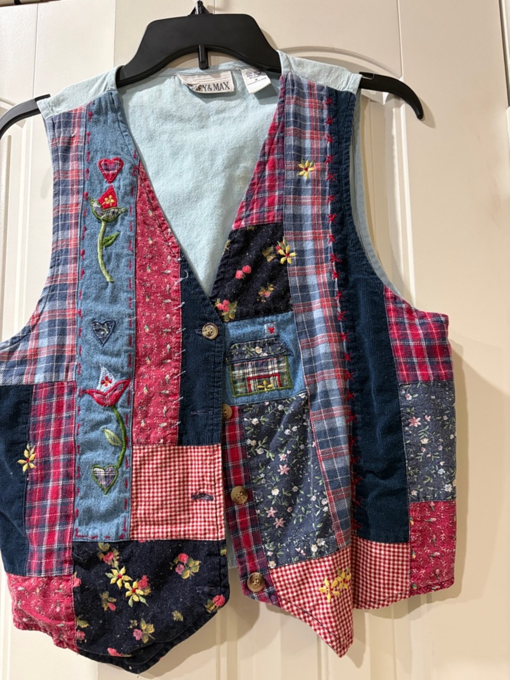 Embroidered Patchwork Vest with Floral & Plaid Panels.